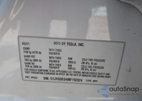 2021 Tesla Model Y Standard Range Rear-Wheel Drive из США, поврежденный, VIN 5YJYGDED4MF192824